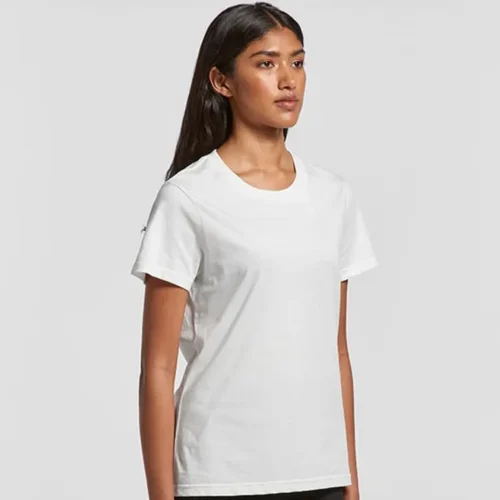 Woman wearing AS Colour ladies basic tee in white, regular fit cotton t-shirt shown at a slight angle