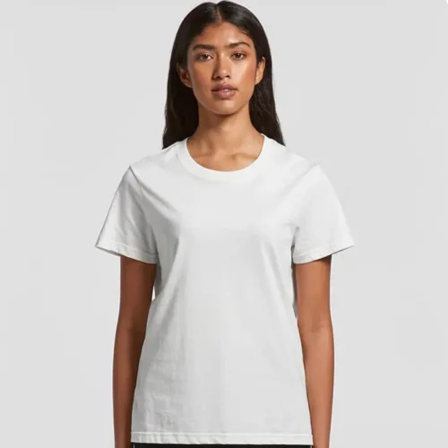 Woman wearing AS Colour ladies basic tee in white, regular fit cotton t-shirt suitable for custom printing