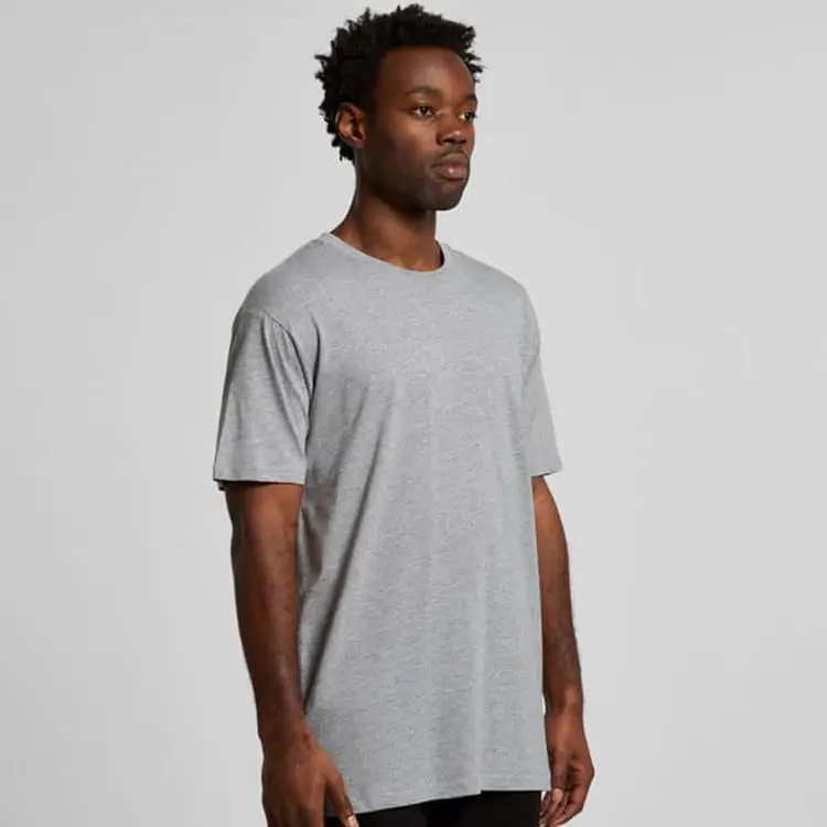 AS Colour men’s basic T shirt worn by male model, angled view showing regular fit, grey marle.