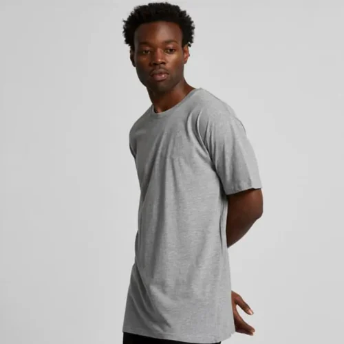 AS Colour men’s basic T shirt worn by male model in a casual stance, grey marle, regular fit.