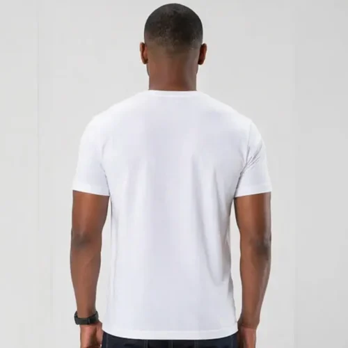 Custom printed bulk white T-shirts back view White unisex T-shirt back view on model Plain back surface suitable for custom printing Regular fit showing full rear coverage Ideal for back print placement on bulk orders
