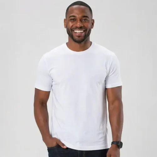 Custom printed bulk white T-shirts front view White unisex T-shirt front view on model Clean blank front ideal for custom printing Regular fit with short sleeves and crew neck Clear print area shown for front design placement