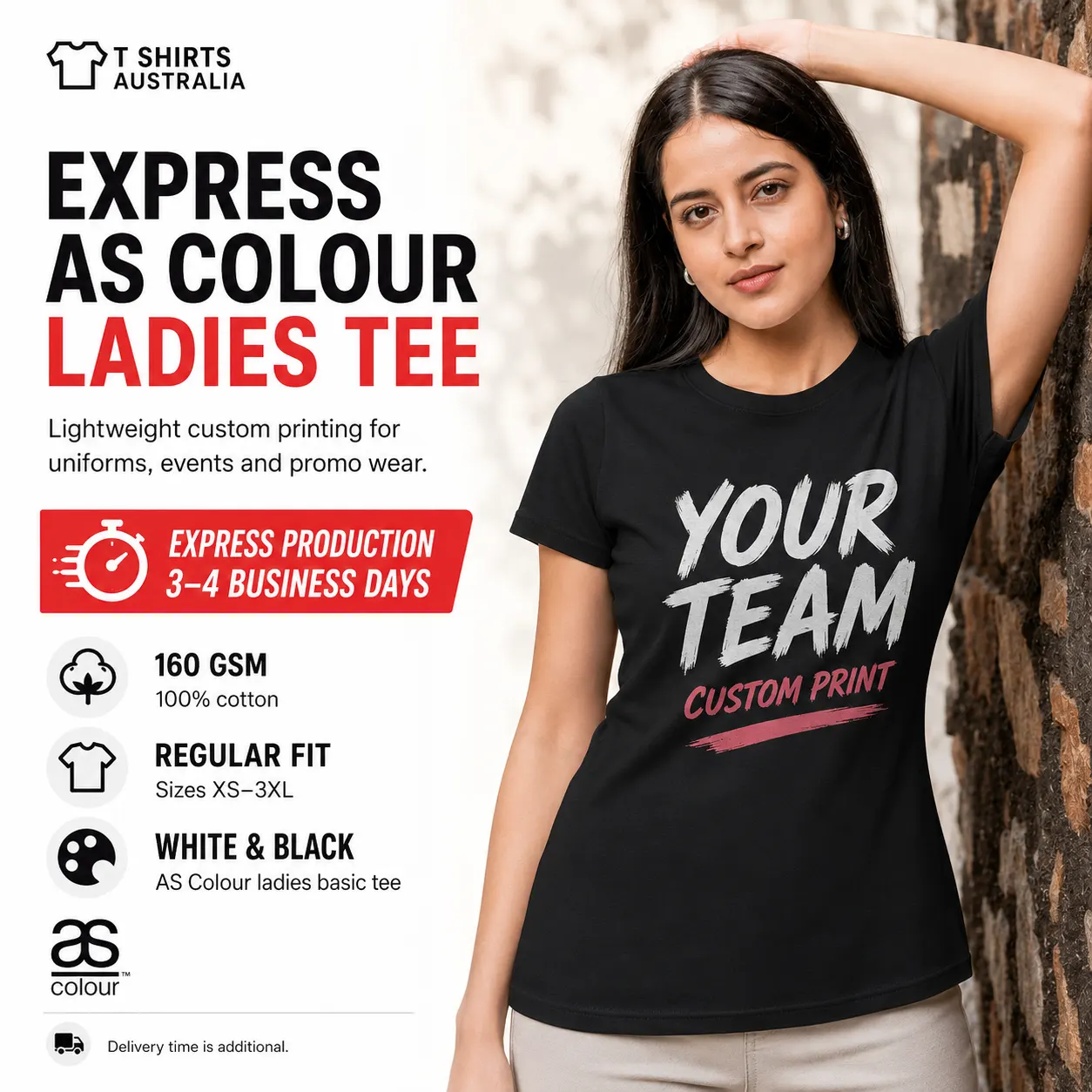 Woman wearing a black custom printed ladies T-shirt with express 3–4 business day production in Australia.
