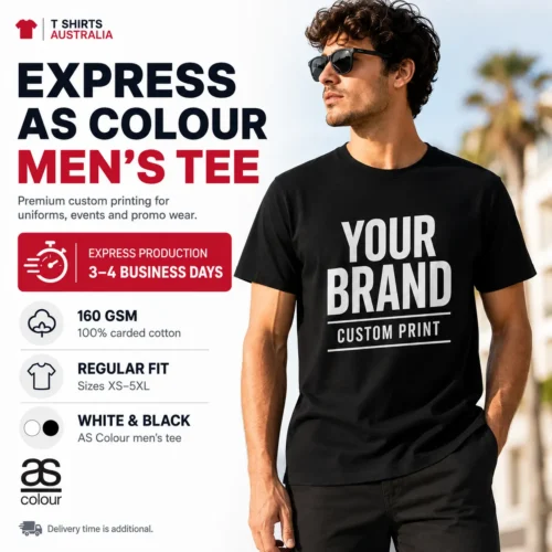 Express custom printed AS Colour men’s T-shirt with Your Design Here chest print