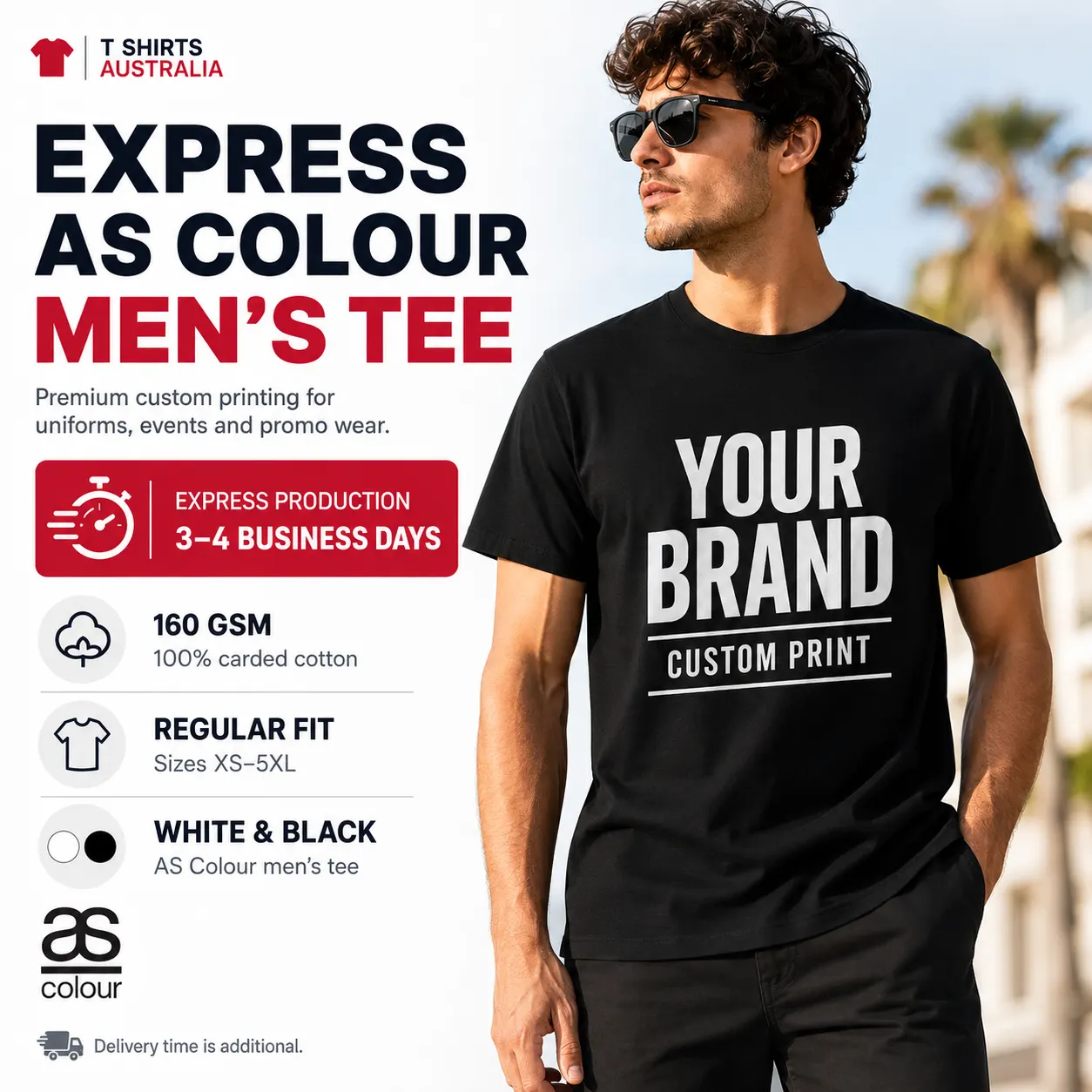 Express custom printed AS Colour men’s T-shirt with Your Design Here chest print