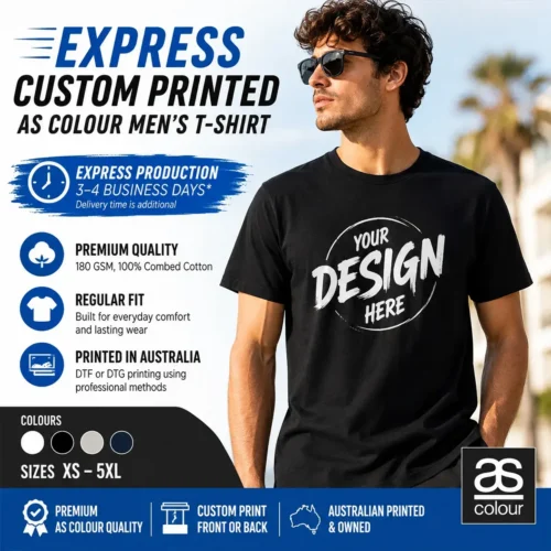 Express custom printed AS Colour men’s T-shirt with Your Design Here chest print