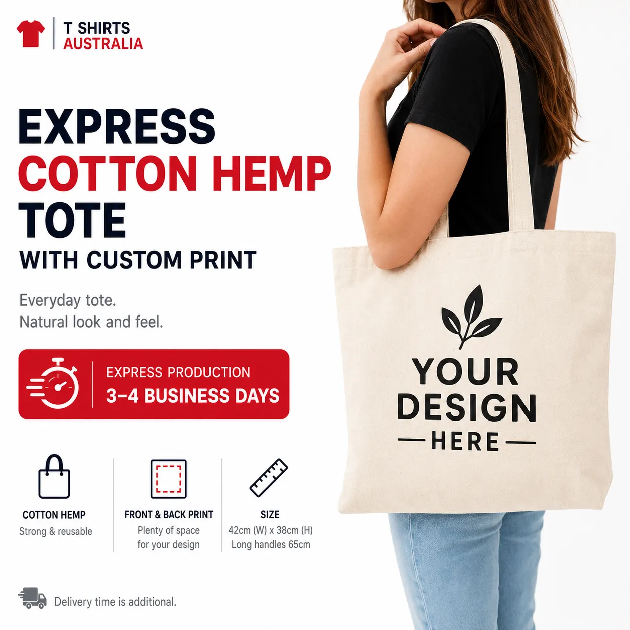 Express Legend Life natural cotton hemp tote with custom front print and 3–4 business day production