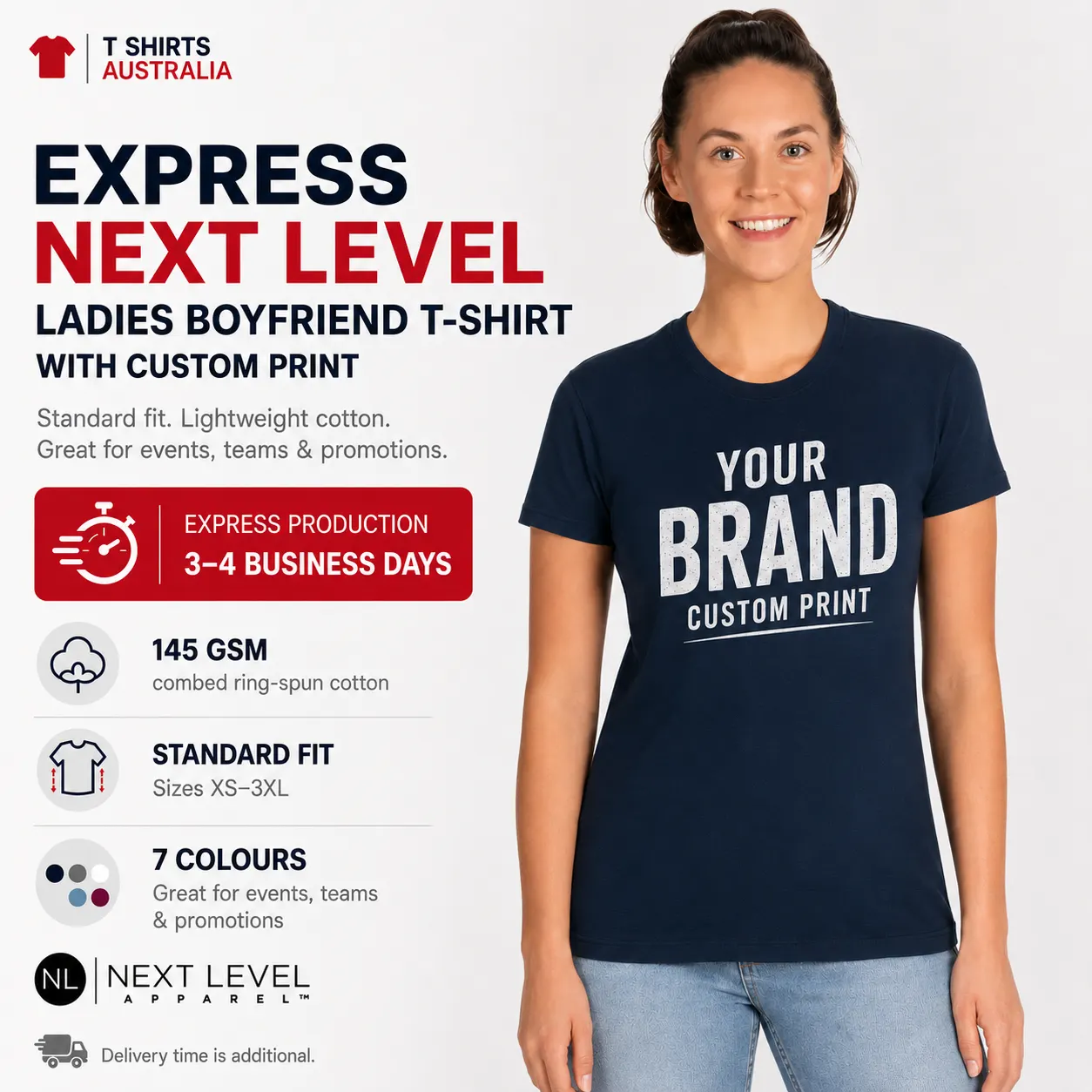 Express Next Level ladies boyfriend T-shirt in navy with Your Brand custom print