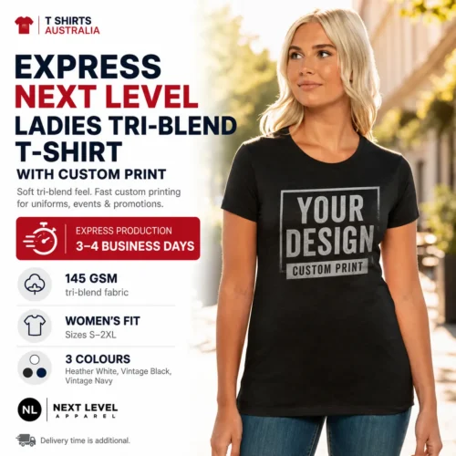 Express Next Level ladies tri-blend T-shirt with custom print and 3–4 business day production