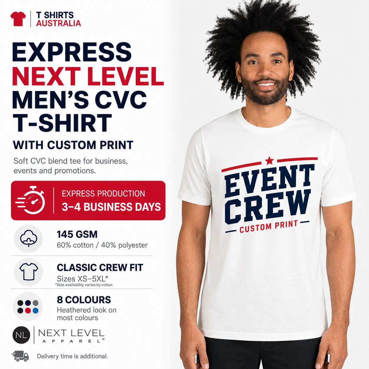 Express Next Level men’s CVC T-shirt with custom Event Crew print and 3–4 business day production
