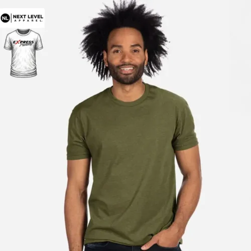 Express Next Level Men's CVC T Shirt in White, front view with Express Printing badge and T Shirts Australia logo in top left corner