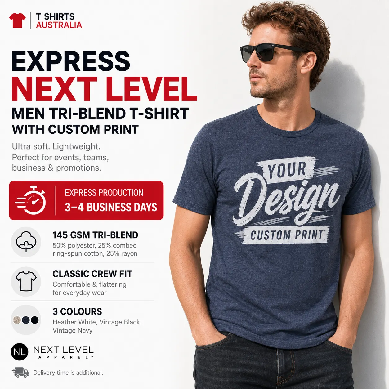 Express Next Level men’s tri-blend T-shirt in Vintage Navy with custom Your Design print
