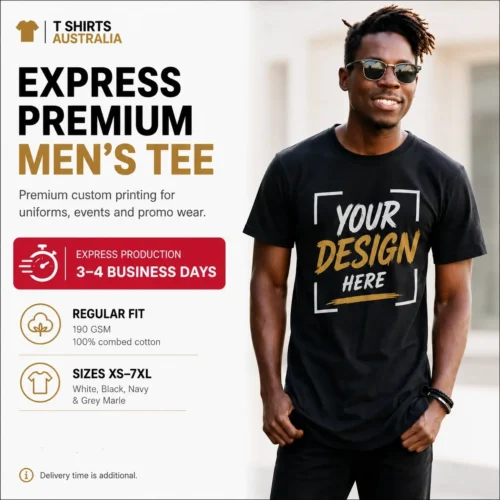 Express premium men’s custom T-shirt with Your Design chest print in Australia