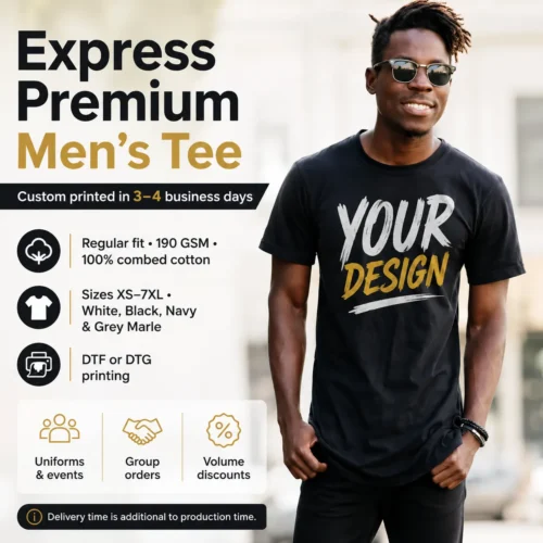 Express premium men’s custom T-shirt with Your Design chest print in Australia