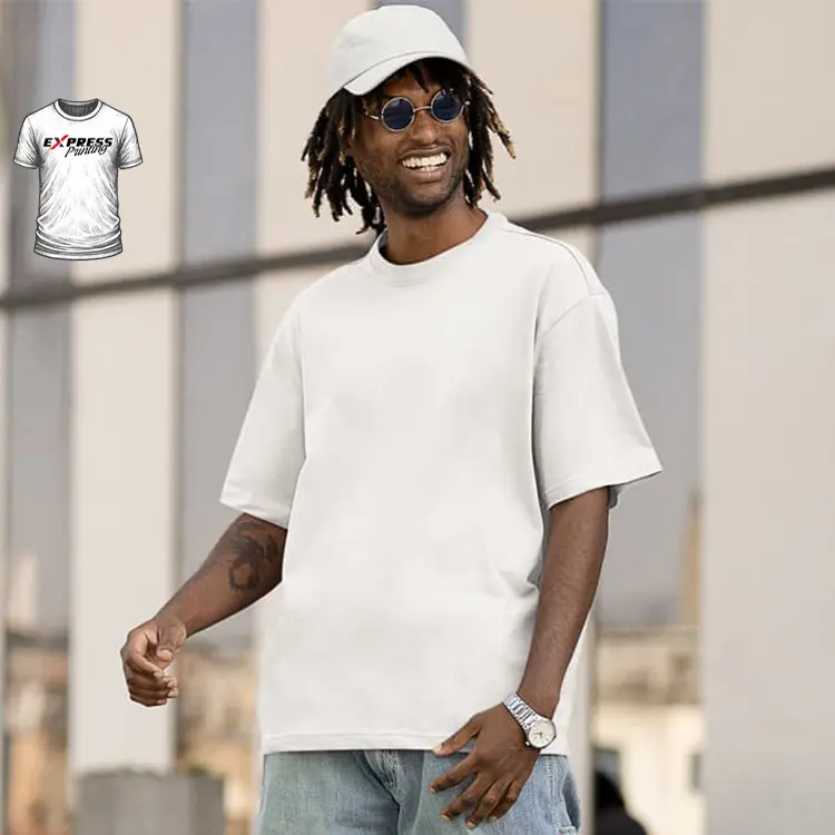 Express Premium Oversized Custom Tee in white, lifestyle front view with Express Printing badge