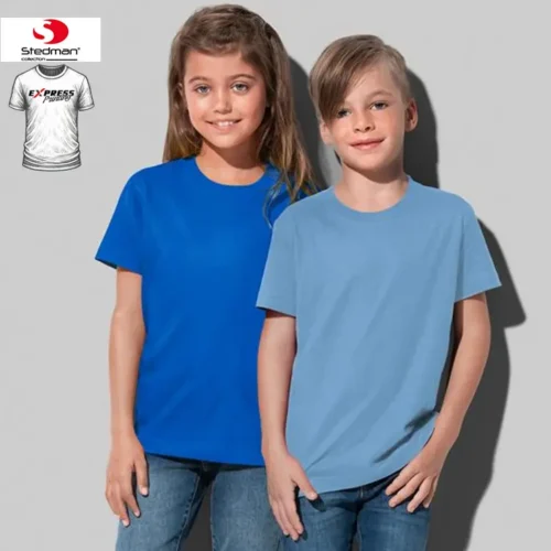 Express Stedman Kids T Shirt, two children wearing different blue T Shirts with Express Printing badge and T Shirts Australia logo in top left corner
