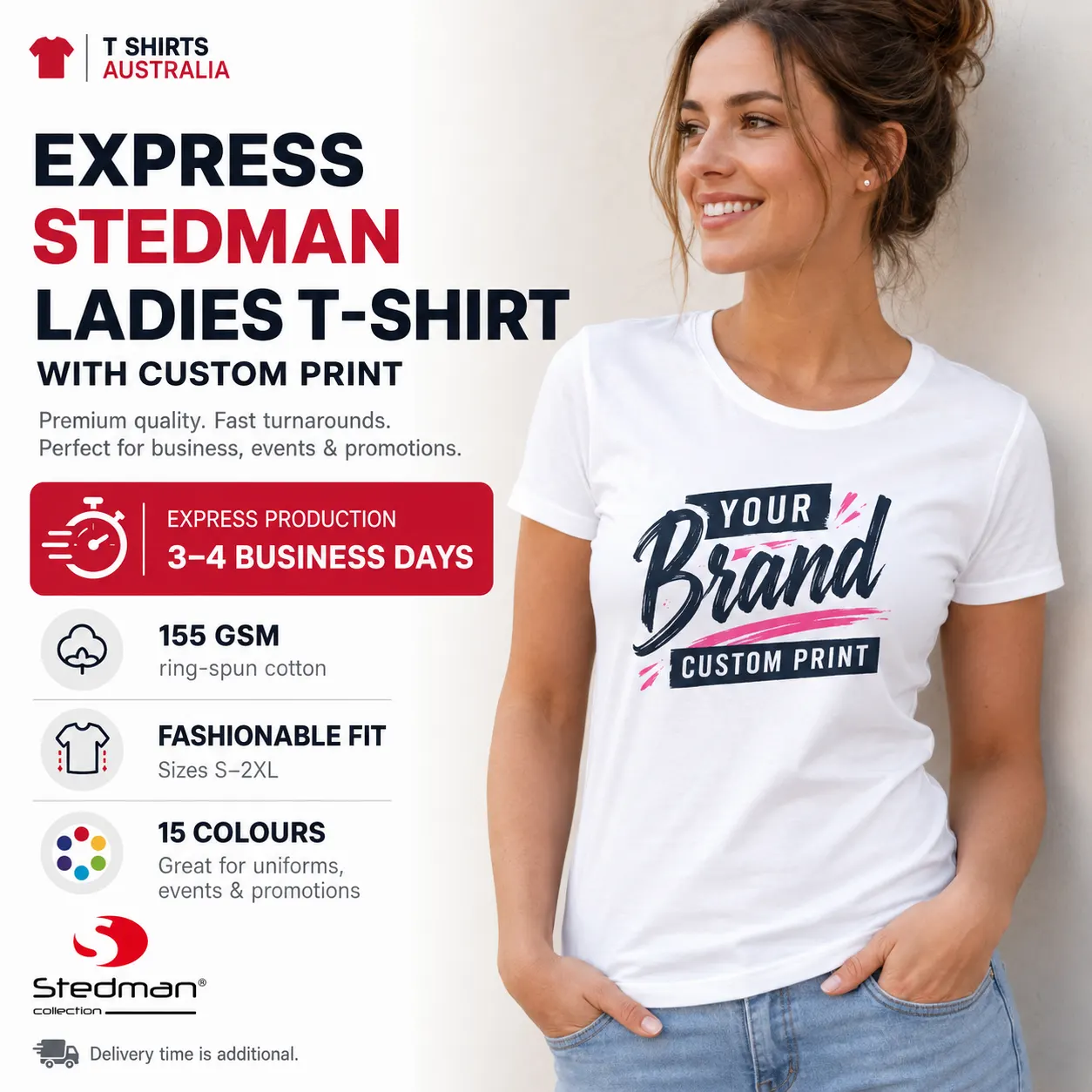 Express Stedman ladies custom T-shirt with Your Brand print, 155 GSM cotton and 3–4 business day production