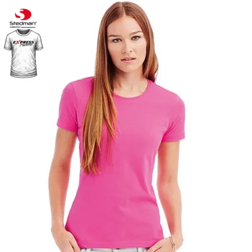 Express Stedman Ladies T Shirt in White, front view with Express Printing badge and T Shirts Australia logo in top left corner