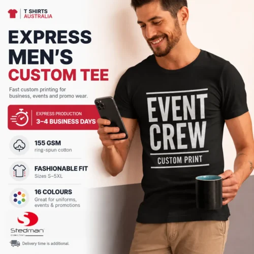 Express Stedman men’s custom T-shirt with Event Crew print, 155 GSM cotton and 3–4 business day production