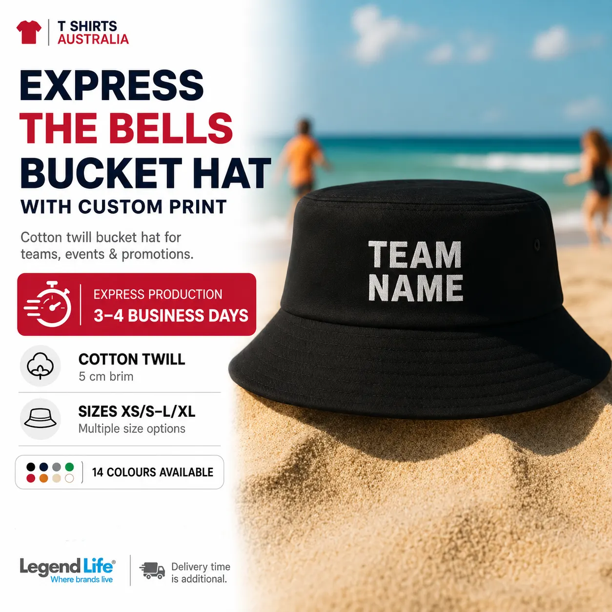 Express The Bells black bucket hat with custom front print and 3–4 business day production