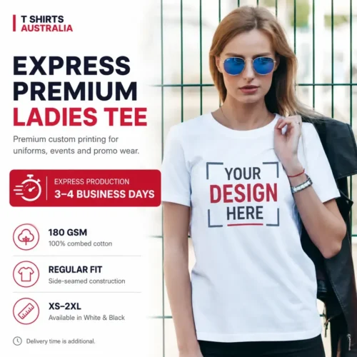 Express premium ladies custom T-shirt with custom brand print, 180 GSM combed cotton and 3–4 business day production