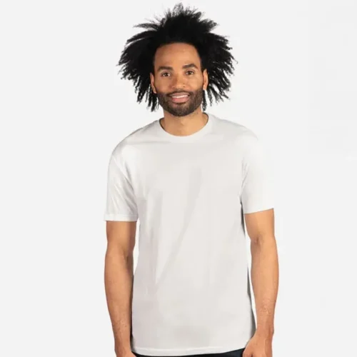 Next Level Men's Cotton T Shirt in White, lifestyle front view worn