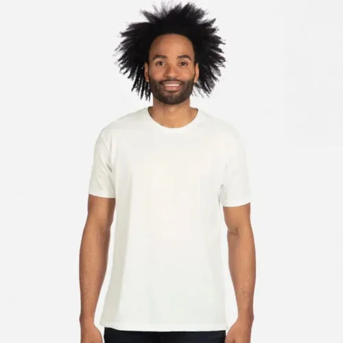 Next Level Men's CVC T Shirt in White, lifestyle front view worn
