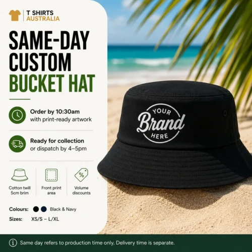 Same-day black Bells bucket hat with custom front print on a beach background