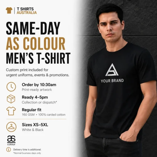 Male model wearing a black custom printed men’s T-shirt with same day ordering information: order by 10:30am and ready by 4–5pm.