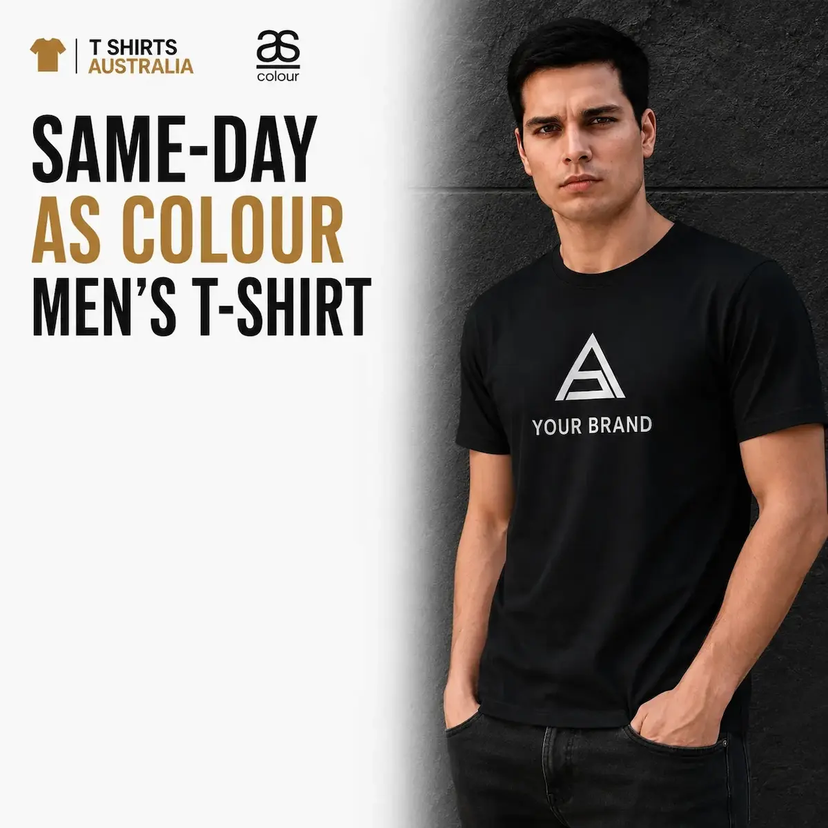 Male model wearing a black custom printed men’s T-shirt with same day ordering information: order by 10:30am and ready by 4–5pm.