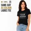 Woman wearing a black AS Colour ladies basic tee with a custom front print, representing custom printed women’s T-shirts available in Australia.