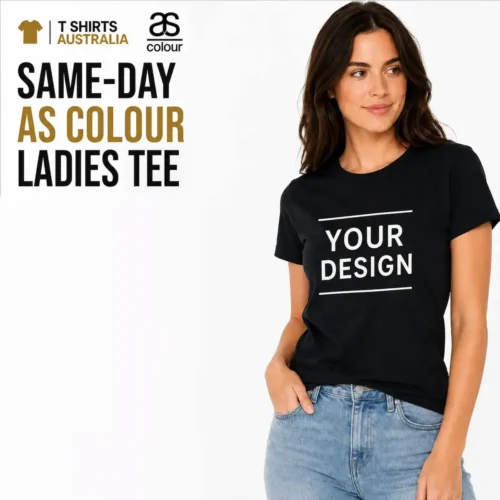 Woman wearing a black AS Colour ladies basic tee with a custom front print, representing custom printed women’s T-shirts available in Australia.