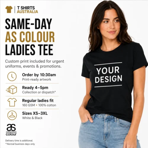 Woman wearing a black AS Colour ladies basic tee with a custom front print, representing custom printed women’s T-shirts available in Australia.