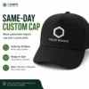 Same-day black polycotton impact cap with custom front print in Australia