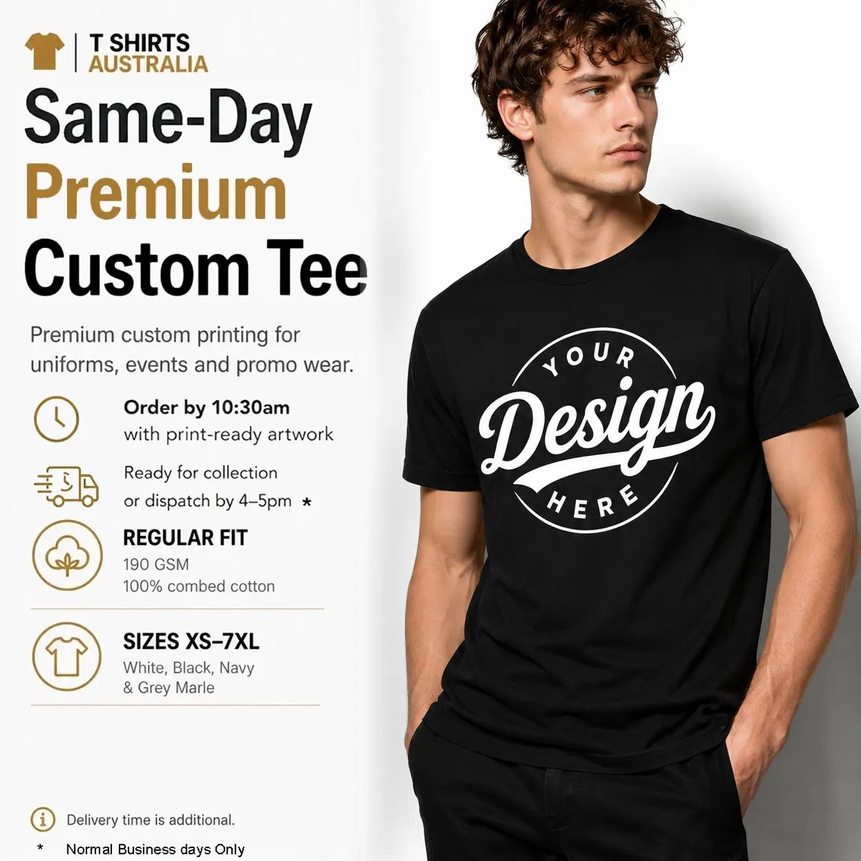 Same-day premium men’s custom T-shirt with personalised chest printing in Australia