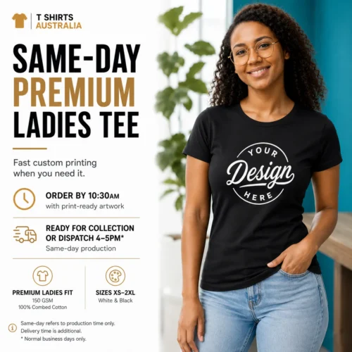 Same-day premium Ladies custom T-shirt with personalised chest printing in Australia