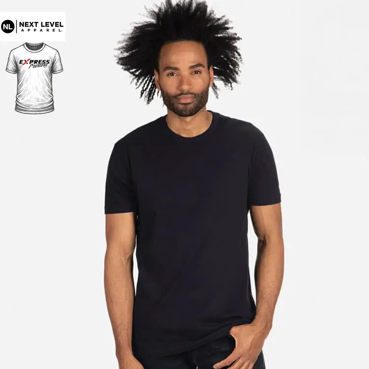 Express Next Level Men's Cotton T Shirt in White, front view with Express Printing badge and T Shirts Australia logo in top left corner