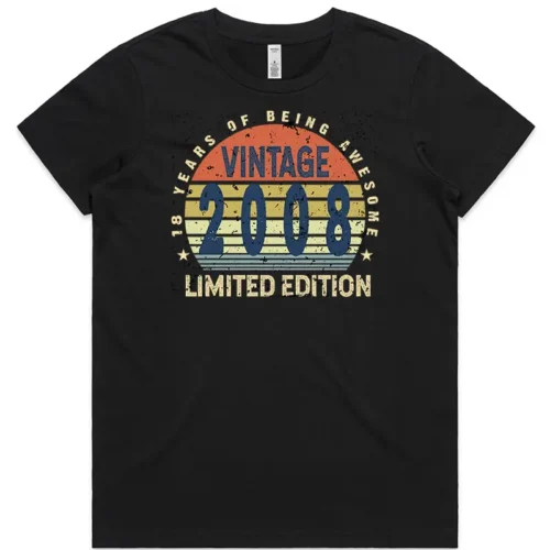 Ladies 18 Years of Being Awesome T Shirt in black with vintage 2008 birthday graphic, regular fit, flat front view