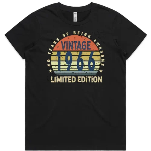 Black ladies 60th birthday T shirt with “60 Years of Being Awesome” design printed on the front