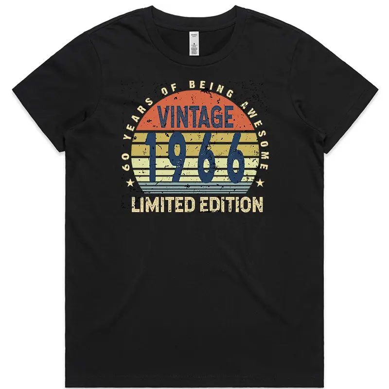 Black ladies 60th birthday T shirt with “60 Years of Being Awesome” design printed on the front