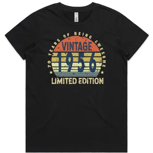 Black ladies 70th birthday T shirt with “70 Years of Being Awesome” design printed on the front