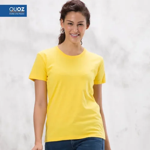 Woman wearing a QUOZ Wave ladies blank T-shirt in lemon yellow, modern fit cotton tee for everyday wear