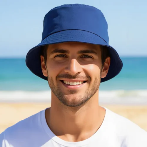 Bells Bucket Hat in Royal, front lifestyle view on model