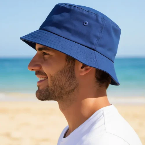 Bells Bucket Hat in Royal, side lifestyle view on model