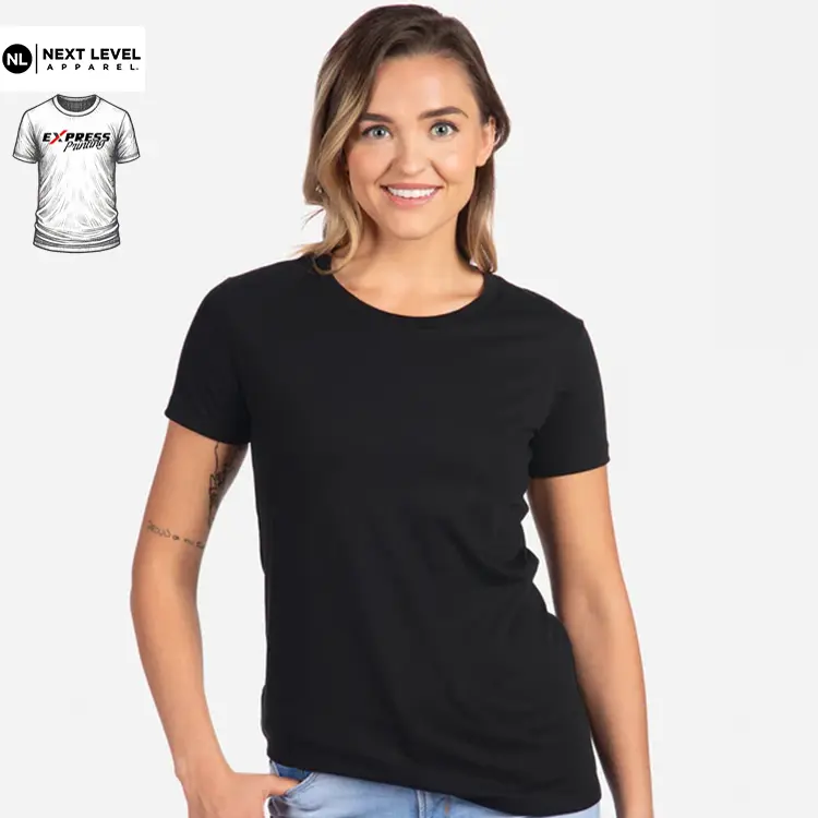 Express custom printed Next Level Ladies CVC T Shirt in Black with Express Printing badge in the top left corner
