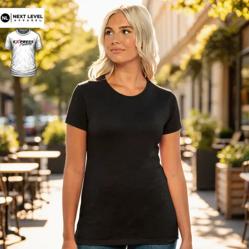 Express custom printed Next Level Ladies Tri-Blend T Shirt in Vintage Black with Express Printing badge in the top left corner
