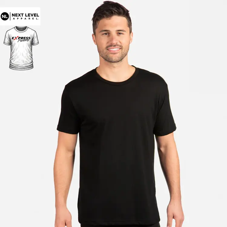 Express Next Level Men's Tri-Blend T Shirt in Vintage Black, front view with Express Printing badge and T Shirts Australia logo in top left corner