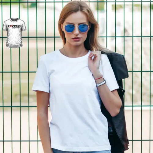 Express Premium Ladies Fashion Custom T Shirt in white, lifestyle image with Express Printing badge