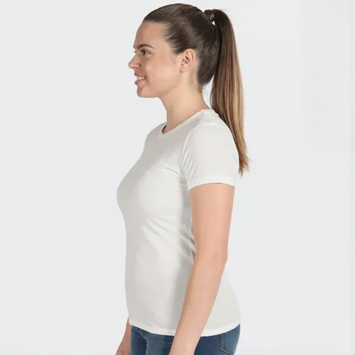 Next Level Ladies Boyfriend T Shirt in White, lifestyle side view worn