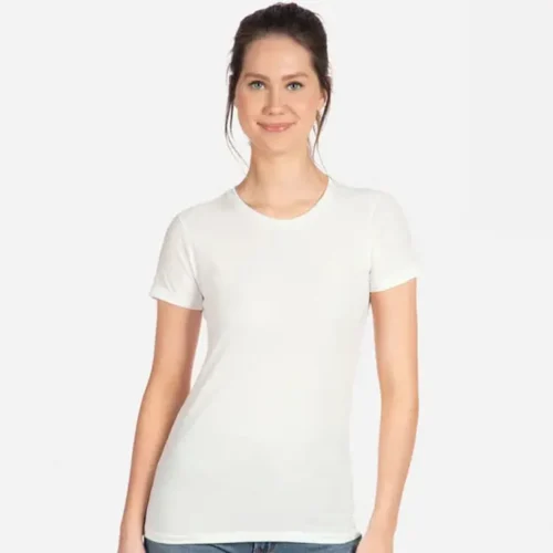Next Level Ladies CVC T Shirt in White worn lifestyle front view